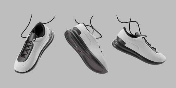黑色和白色运动鞋从不同的角度灰色背景 时尚和运动服的概念 3D渲染 — 图库照片