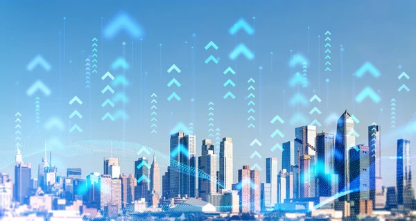 ニューヨーク市のパノラマの背景を指している矢印とぼやけたネットワークインターフェイス スマートシティとインターネット接続の概念 — ストック写真