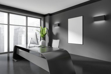 Karanlık ceo masası, bilgisayar, yan görüş Singapur şehir manzaralı panoramik pencere. Minimalist dekorasyonlu çalışma alanı. Model uzay tuvalini kopyala. 3B görüntüleme