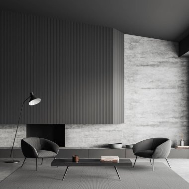 Oturma odasının içinde iki koltuk, sanat dekorasyonu ve sehpası olan bir raf, şömine ve gri beton zemin üzerinde halı. Boş gri duvar, 3D görüntüleme