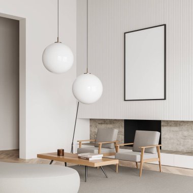 Beyaz oturma odasının içi iki koltuk, yan görüş sehpası ve dekorasyonu olan şömine, ahşap zemin. Boş bir poster hazırla. 3B görüntüleme