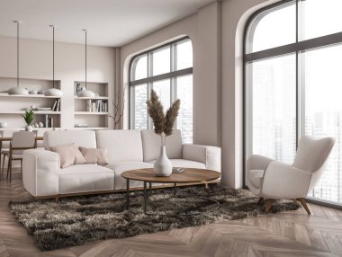 Bej gevşeme koltuğu, sehpası, yan manzarası, ahşap zemini olan koltuklar. Süslü raflar ve yemek odası. Singapur şehir manzarasında panoramik pencere. 3B görüntüleme