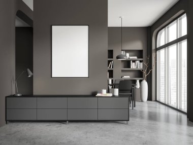 İçi boş beyaz posterli karanlık yemek odası sandalyeli yemek masası, panoramik pencere, gri duvar, beton zemin, kitaplıklar, büfe. Minimalist tasarım kavramı. Model yap. 3d oluşturma