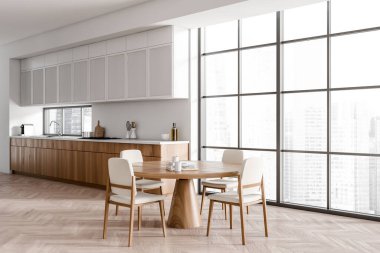 Beyaz mutfak içinde sandalyeler ve ahşap zemin üzerinde yemek masası, yan manzara, raflar ve mutfak malzemeleri var. Singapur şehir manzarasında panoramik pencere. 3B görüntüleme