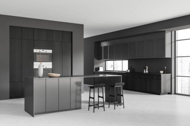 İçinde bar sandalyeleri ve açık beton zemin, yan görüş, raf ve mutfak malzemeleri olan karanlık bir mutfak. Singapur şehir manzarasında panoramik pencere. 3B görüntüleme