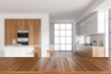 Beyaz mutfak iç kısmının arka planında panoramik pencereli ahşap tezgah. Ürün görüntüleme için kopyalama alanı. 3B görüntüleme