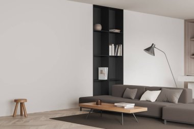 Beyaz oturma odasının içi kanepe, yan manzara, ahşap döşemeli halı. Süslü raflar ve kahve masası. Model boş duvar. 3B görüntüleme