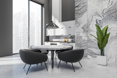 Karanlık stüdyo yemekleri ve mutfak odasının iç tarafında masa, koltuk, mermer ve gri duvar, dolap, fırın, beton zemin, panoramik pencere. Minimalist tasarım kavramı. 3d oluşturma