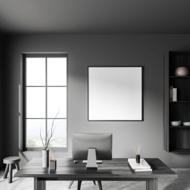 Çalışma masası, bilgisayar ve kırsal alandaki panoramik pencereli karanlık ceo odası. Sanat süslemeli raflar. Tuvalin posterini hazırla. 3B görüntüleme