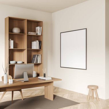 Çalışma masası, bilgisayar, yan görüş ve sanat dekorasyonlu raflı bej bir iş odası. Ahşap döşemedeki halı. Tuvalin posterini hazırla. 3B görüntüleme