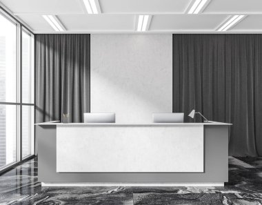 Ofis masası ve bilgisayar ile karanlık resepsiyon. Şehir manzarasında panoramik pencere, mermer döşeme. İş yeri girişi. Mokup boş gri duvar, 3B görüntüleme