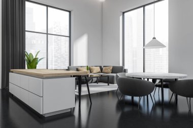 Bar adası, yan manzaralı beyaz stüdyo, köşesinde sandalye ve kanepe olan yemek masası, koyu beton zemin. Singapur şehir manzarasında panoramik pencere. 3B görüntüleme