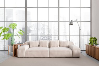 Parlak oturma odasının önü kanepe ve panoramik pencere, ev bitkisi, gri duvar, beton zemin, halı, büfe. Minimalist tasarım kavramı. 3d oluşturma