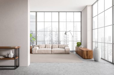Parlak oturma odasının önü kanepe ve panoramik pencere, ev bitkisi, gri duvar, beton zemin, halı, büfe. Minimalist tasarım kavramı. 3d oluşturma