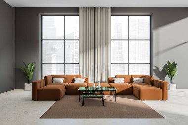 Kahverengi kanepesi, kahve masası ve bej beton zemini olan koyu renk bir oturma odası. Şehir manzarası panoramik pencereli modern soğuk bölge. 3B görüntüleme