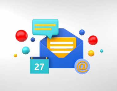 Üzerinde mesaj olan mavi bir zarf ve ani uyarı, gri arkaplanlı renkli baloncuklu takvim tarihi. Buluşma ve program kavramı. 3B görüntüleme