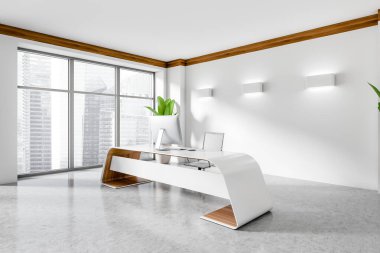 Beyaz ceo iç mekan, bilgisayar ve koltuk aydınlık beton zemin üzerinde. Masası ve lambası olan minimalist işyeri, yan görünümü, Singapur şehir görünümünde panoramik penceresi, 3D görüntüleme