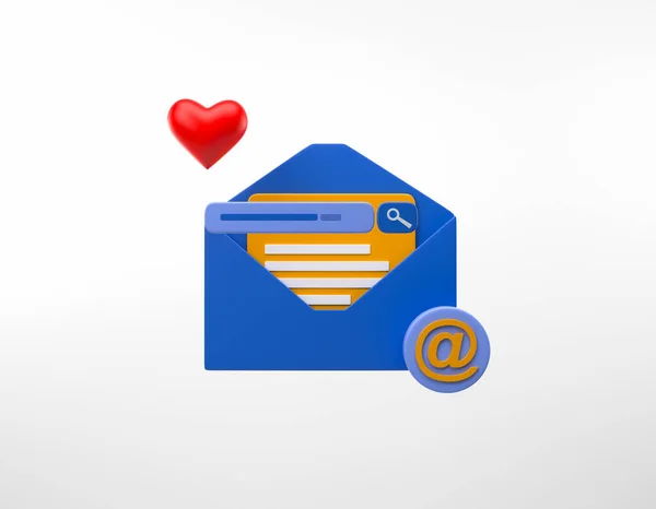봉투에 메시지와 배경에 사랑의 편지와 마음을 담는다 온라인 데이트의 렌더링 — 스톡 사진