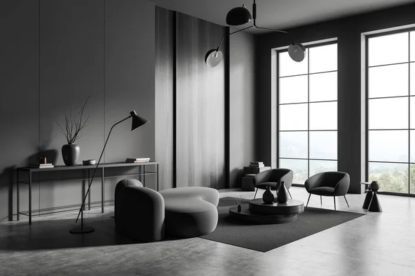ソファと2つのアームチェア サイドビュー 装飾が施されたコーヒーテーブル 灰色のコンクリートの床と暗いリビングルームのインテリア 田舎のパノラマの窓 3Dレンダリング — ストック写真