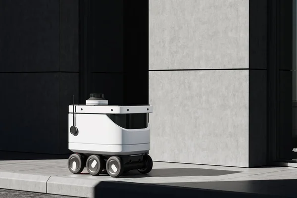 White smart drone robot on a city sidewalk, side view. Modern autonomous bot for logistics and delivery working. Empty grey concrete wall. 3D rendering