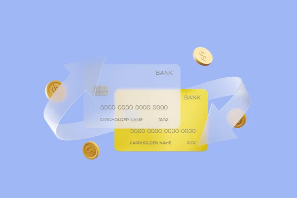 Zwei Kreditkarten Auf Blauem Hintergrund Mit Transparentem Pfeil Münzen Schwimmend — Stockfoto