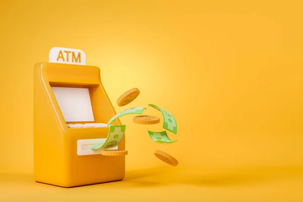 Banco Atm Com Moedas Notas Numerário Voadoras Fundo Amarelo Conceito — Fotografia de Stock