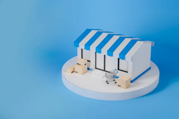 Podyumun Üst Manzarası Karton Kutular Alışveriş Arabası Açık Mavi Arka — Stok fotoğraf