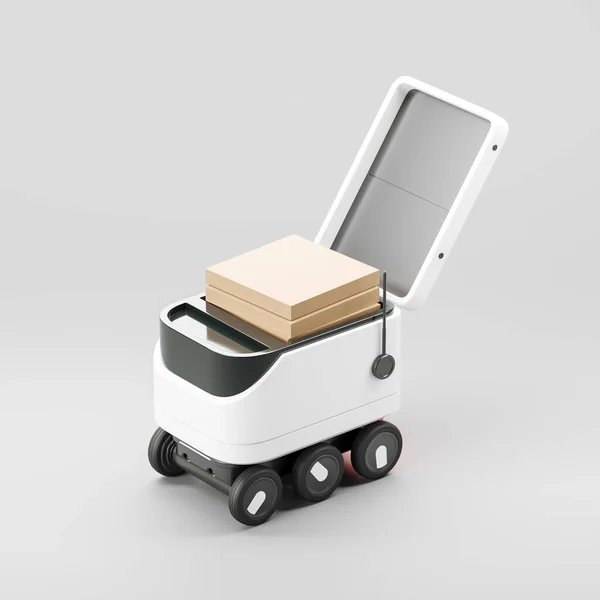 White smart drone robot with cardboard boxes, top view, light background. Autonomous bot for logistics and delivery. Mockup, 3D rendering