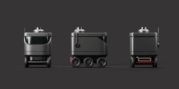 フロント バックと暗い背景にサイドビュー上の黒のスマートドローンロボット 物流と配送のための自律型ボット モックアップ 3Dレンダリング — ストック写真