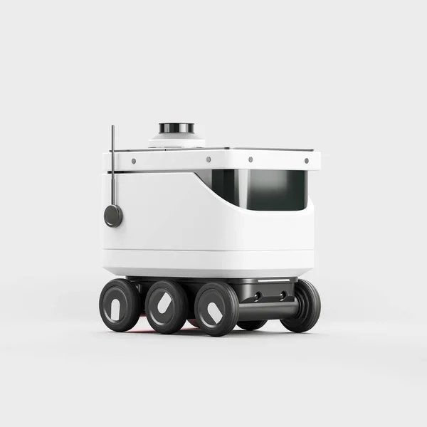 White smart drone robot on wheels, side view, light background. Modern autonomous bot for logistics and delivery. Mockup. 3D rendering