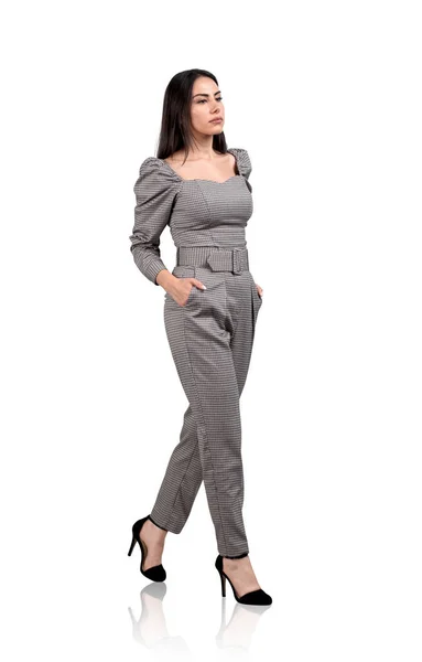 Businesswoman Jumpsuit Walking Hands Pocket Pensive Look Isolated White Background — Stock Photo, Image