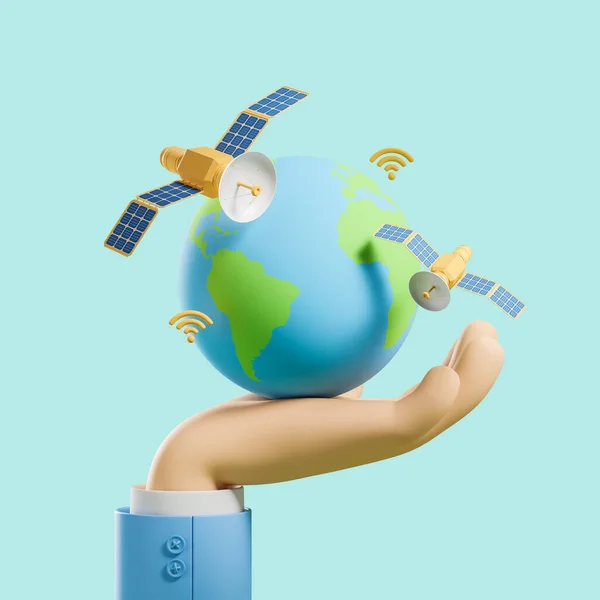 Cartoon Hand Houden Aardebol Met Satellieten Wifi Pictogrammen Lichte Achtergrond — Stockfoto