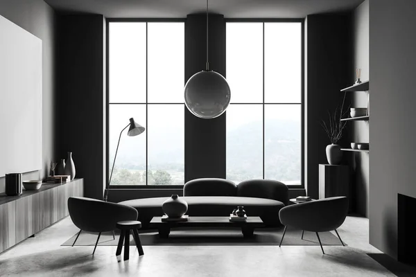 ソファとアームチェア パノラマウィンドウ 観葉植物 灰色の壁 コンクリート床付きのコーヒーテーブル付きの暗いリビングルームのインテリアのフロントビュー ミニマルデザインのコンセプト 3Dレンダリング — ストック写真