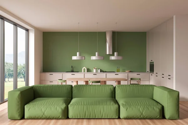 Green Studio Interior Sofa Dining Table Panoramic Window Countryside View — Stock Photo, Image