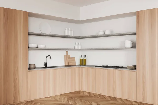 Białe Wnętrze Kuchni Drewnianej Podłodze Minimalistyczne Stylowe Półki Narożne Przybory — Zdjęcie stockowe