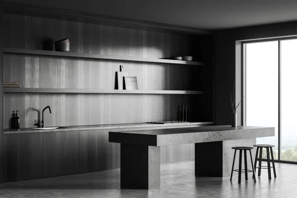 深色厨房内部 有酒吧椅子和台面 侧视图 灰色混凝土地板 黑色木架上的厨房用具 乡村景色上的全景窗 3D渲染 — 图库照片