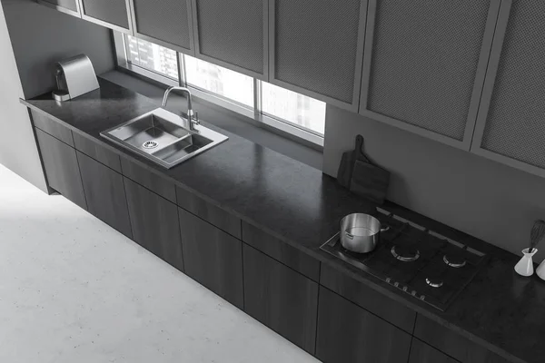 Vista Superior Del Interior Cocina Oscura Con Cubierta Utensilios Cocina — Foto de Stock