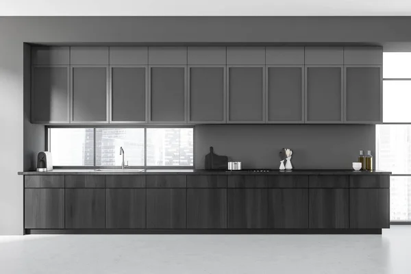 Interior Cozinha Escura Com Deck Utensílios Cozinha Vista Frontal Piso — Fotografia de Stock