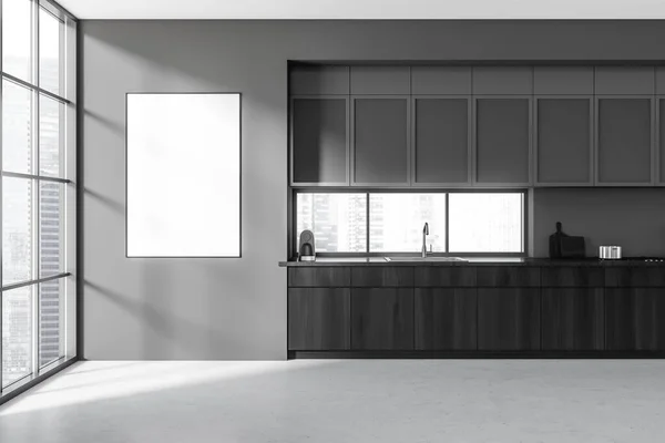Interior Esquina Cocina Oscura Con Fregadero Estantes Utensilios Cocina Cubierta — Foto de Stock