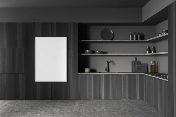 在黑暗的厨房房间的前面 有白色的空海报 灰色的墙壁 混凝土地面 简约设计的概念 把它弄坏了3D渲染 — 图库照片
