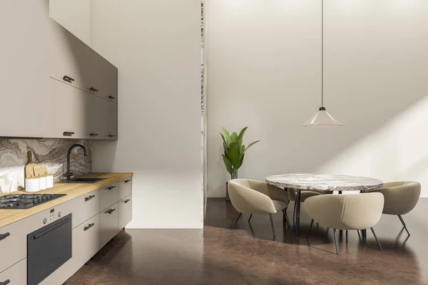 Vista Lateral Sobre Luminoso Estudio Comedor Cocina Interior Con Mesa —  Fotos de Stock