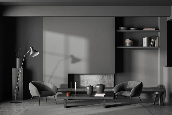 カーペットの上の装飾 コーヒーテーブルとスツール グレーのコンクリートの床と2つのアームチェアと棚と暗いリビングルームのインテリア モックアップ空の灰色の壁 3Dレンダリング — ストック写真