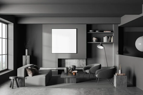 Ciemny Salon Sofa Wnętrza Dwa Fotele Kominek Półka Dekoracją Artystyczną — Zdjęcie stockowe
