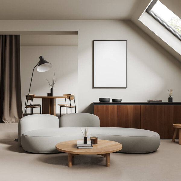 Beige living room interior with sofa, chairs with dining table on podium, drawer with decoration and stool on light concrete floor, window. Mock up blank poster. 3D rendering