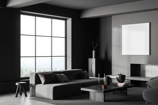 暗休憩室室内沙发 乡村全景窗 用咖啡桌和装饰来固定扶手椅 模仿空白正方形海报 3D渲染 — 图库照片
