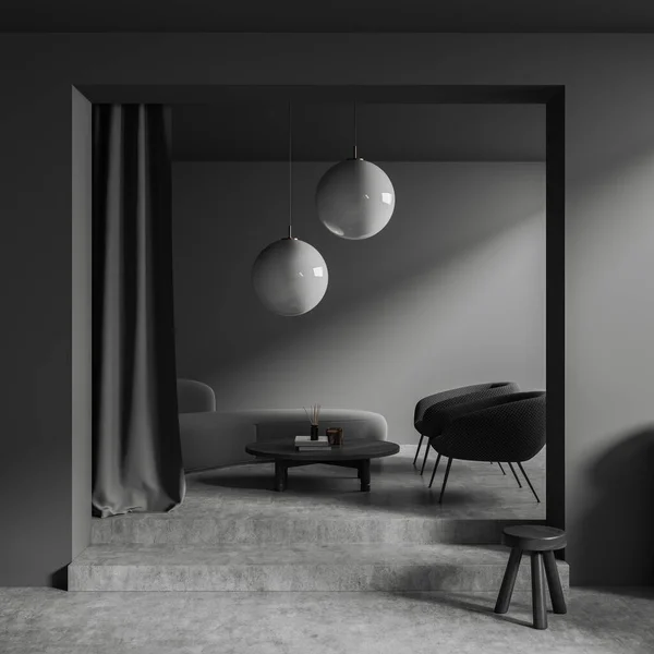 Interior Escuro Sala Estar Com Sofá Poltronas Pódio Mesa Café — Fotografia de Stock