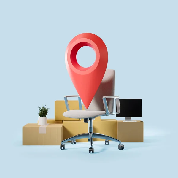 Office armchair with red location pin, cardboard boxes with pc computer on blue background. Concept of relocation and delivery. 3D rendering