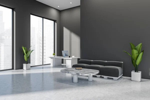 Dunkler Büroraum Mit Sofa Seitenblick Couchtisch Auf Grauem Betonboden Ceo — Stockfoto