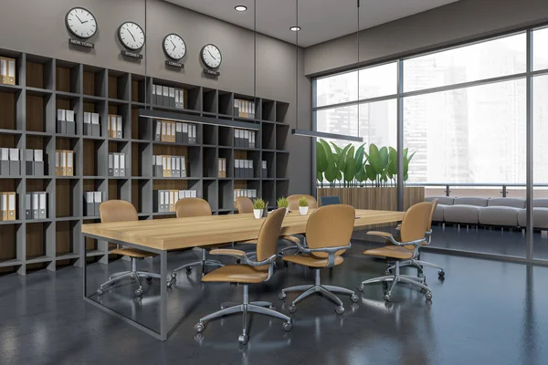 Dark meeting interior with chairs and board, side view. Conference room and lounge area, sofa on terrace. Shelf with documents and clock, panoramic view on Singapore. 3D rendering