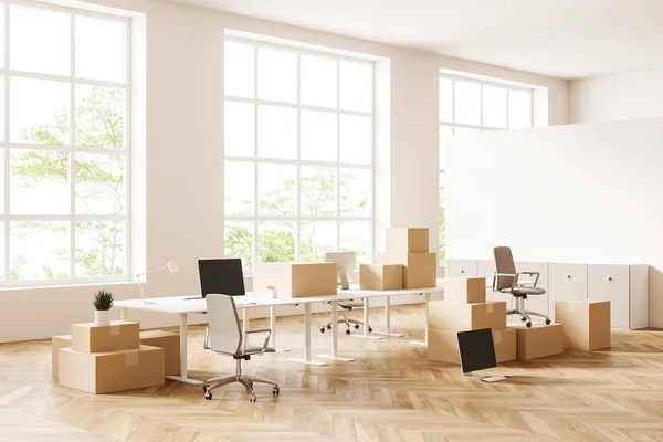 White meeting room interior with moving boxes on board, side view, armchair and pc computer, hardwood floor. Panoramic window on tropics. 3D rendering